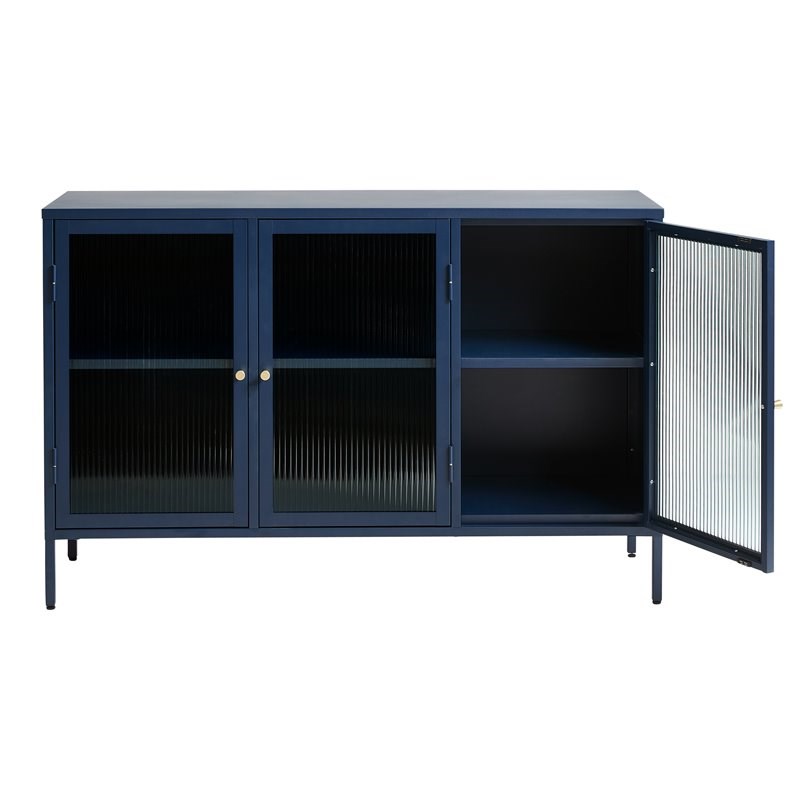 Unique Furniture Bronco 3-Door Contemporary Glass & Metal Sideboard in Blue