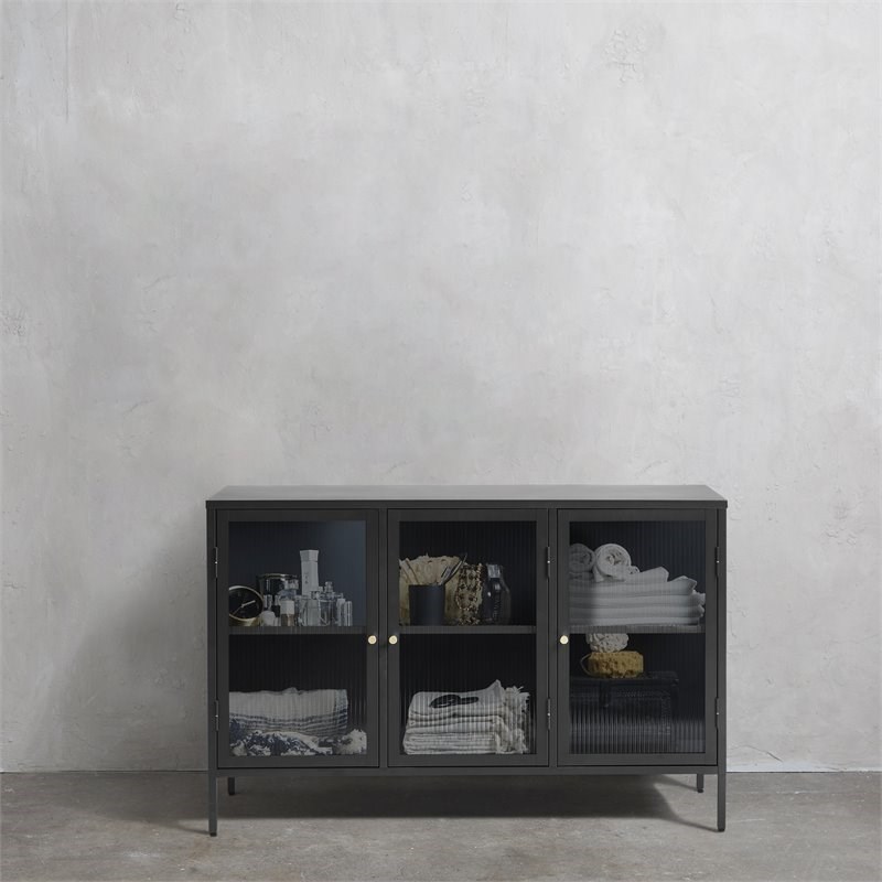 Unique Furniture Bronco 3-Door Contemporary Glass & Metal Sideboard in Black