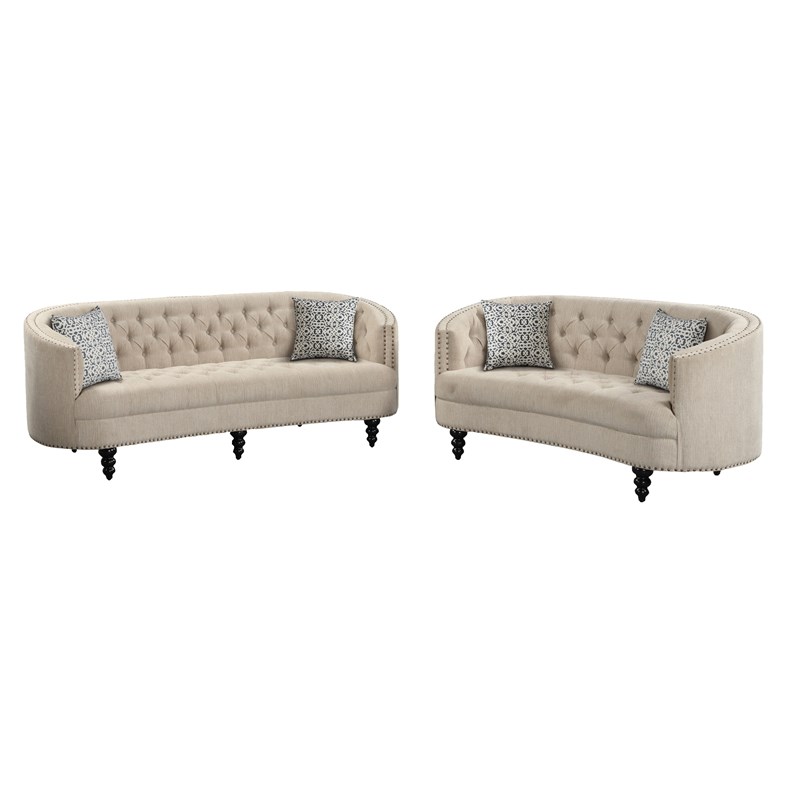 RN Furnishings 2 PC Button Tufted Linen Fabric Curved Sofa Set-Beige