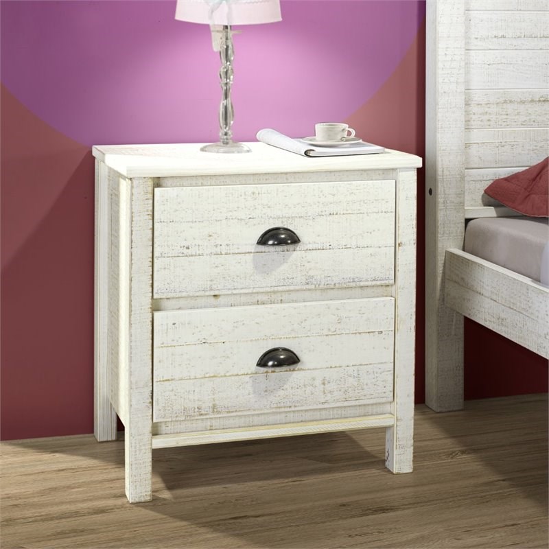 Rustic White 3Piece Bedroom Set w/ Twin Panel Bed Nightstand and 4Drawer Chest Homesquare