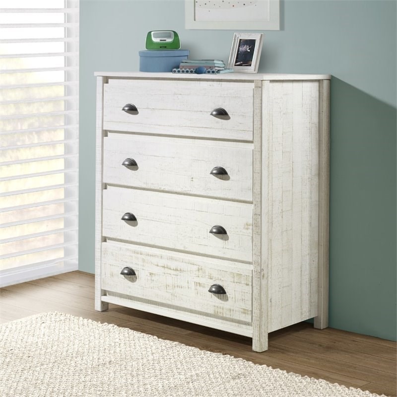 Rustic White 3Piece Bedroom Set w/ Twin Panel Bed Nightstand and 4