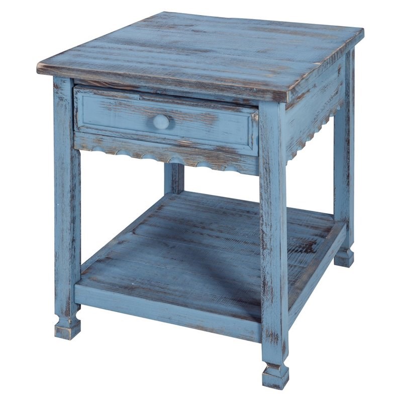 Alaterre Furniture Country Cottage End Table in Rustic Blue Antique Finish