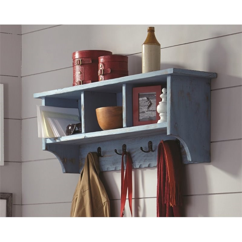 Alaterre Country Cottage Coat Hook with Storage Cubbies in Blue Antique Finish
