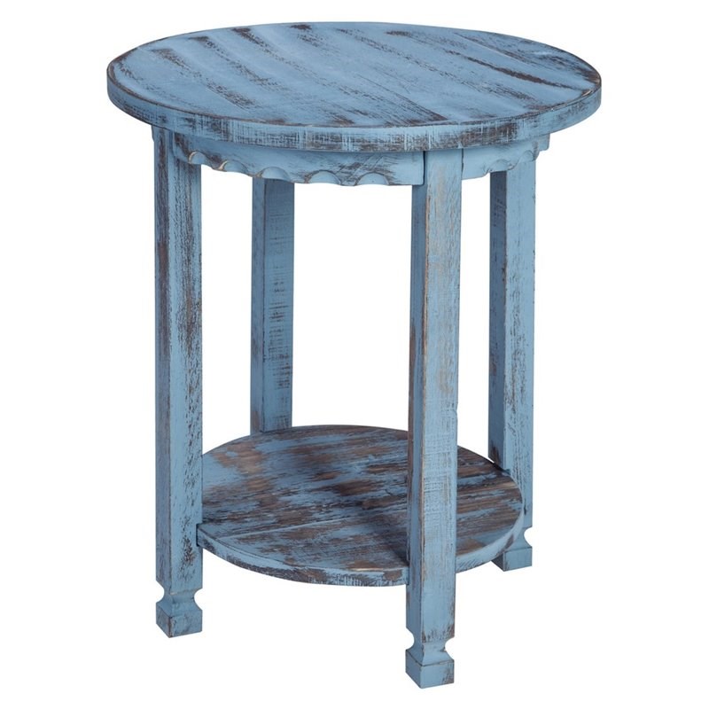 Alaterre Furniture Country Cottage Round End Table in Blue Antique Finish
