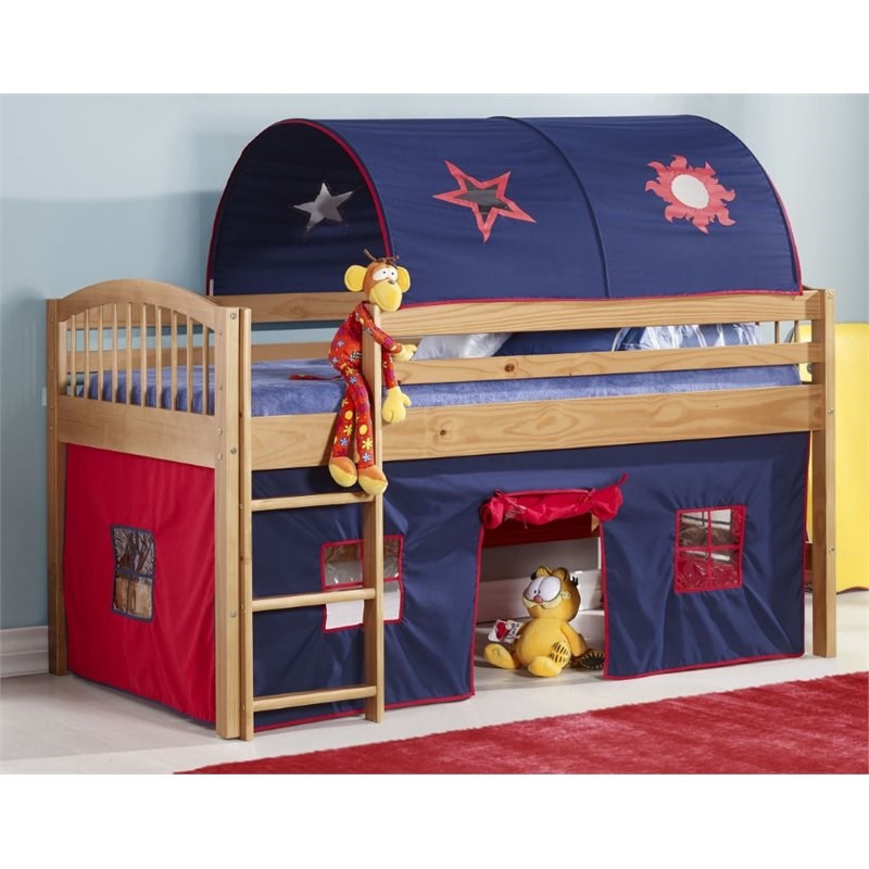 Addison Cinnamon Junior Loft Bed Blue Tent and Playhouse with Red Trim-Cinnamon