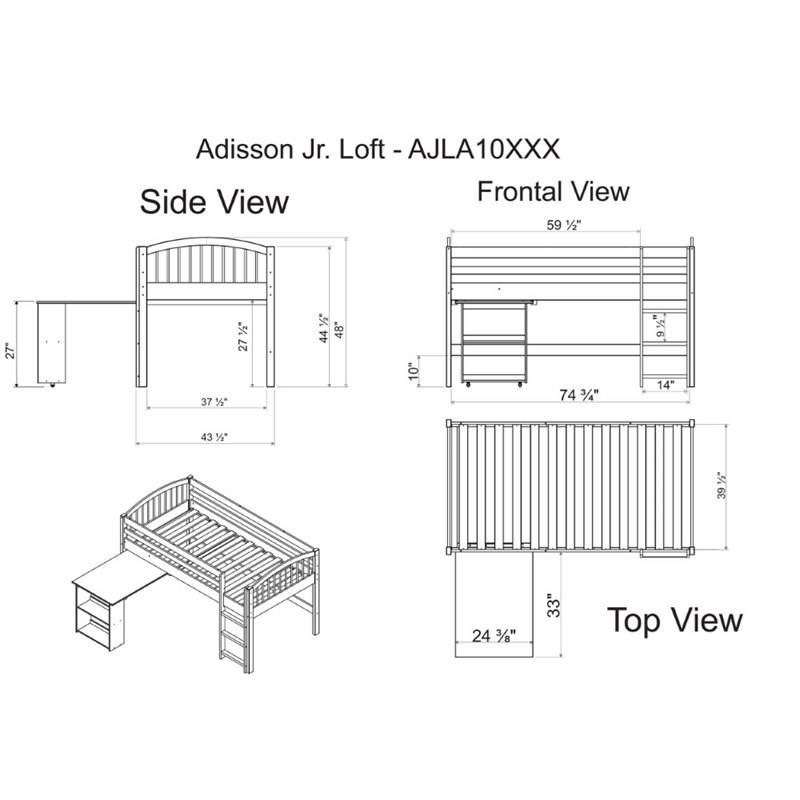 Addison Wood Junior Loft Bed with Storage Drawers Bookshelf and Desk Cinnamon