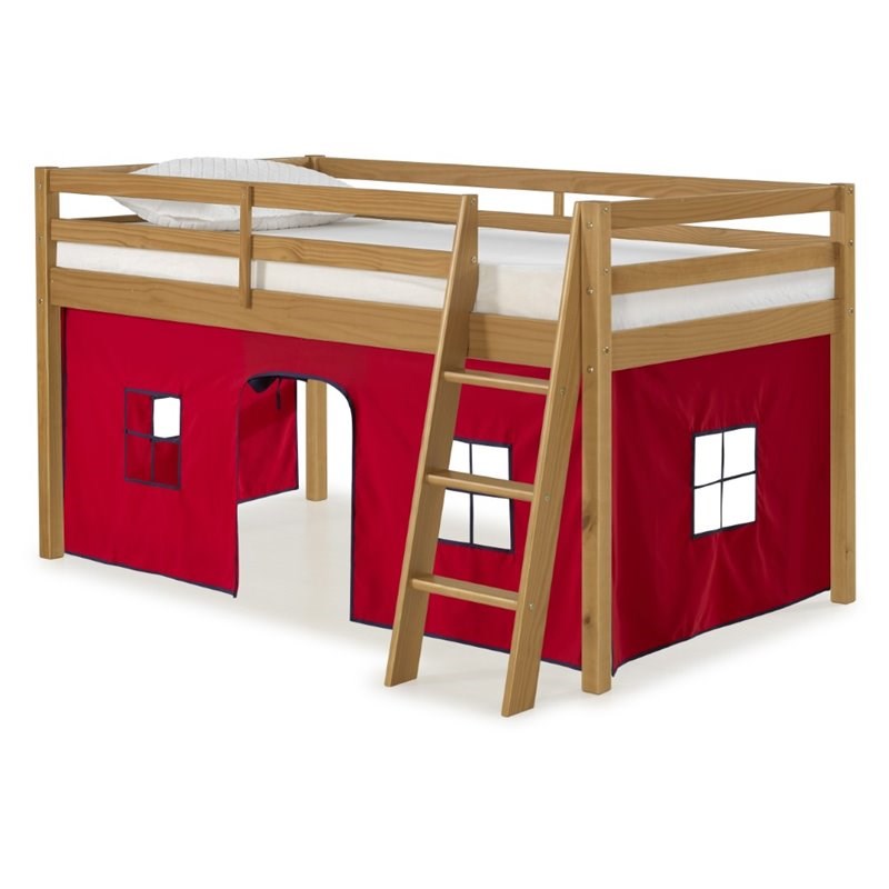 Roxy Twin Wood Junior Loft Bed with Cinnamon with Red and Blue Bottom Tent