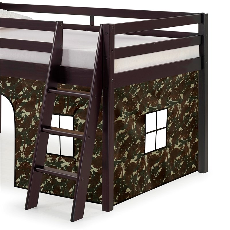 Roxy Twin Wood Junior Espresso Loft Bed with Green Camo Bottom Tent