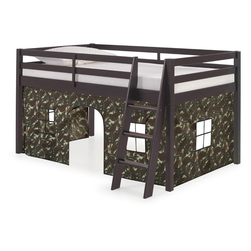 Roxy Twin Wood Junior Espresso Loft Bed with Green Camo Bottom Tent