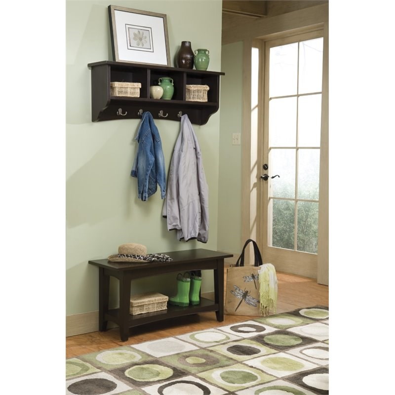 Alaterre Furniture Shaker Cottage Storage Wood Brown Coat Hook with Bench