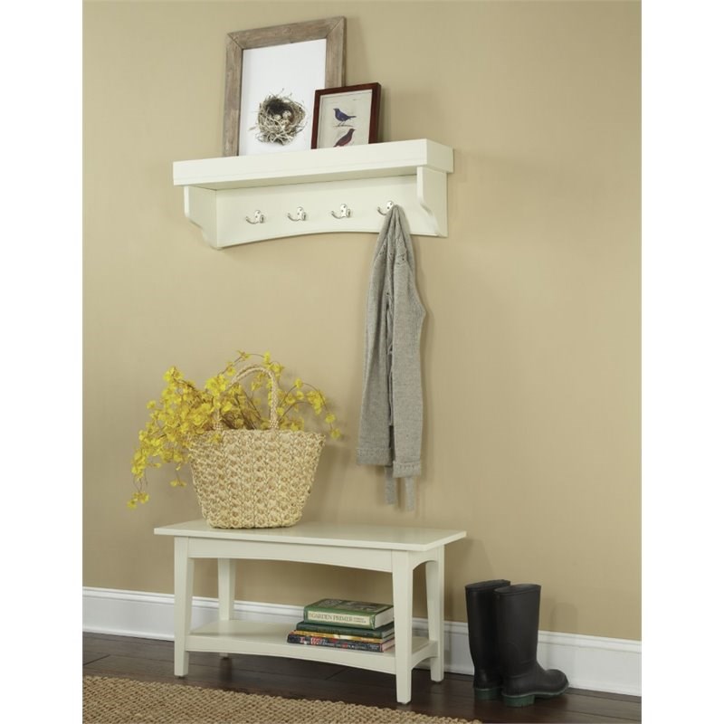 Alaterre Furniture Shaker Cottage Tray Shelf Coat Hook with Bench Set in Ivory