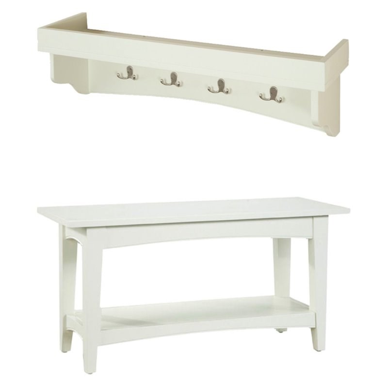 Alaterre Furniture Shaker Cottage Tray Shelf Coat Hook with Bench Set in Ivory