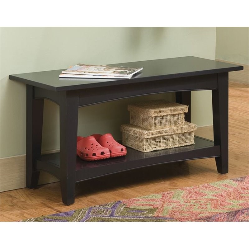 Alaterre Furniture Shaker Cottage Wood Bench with Shelf in Charcoal Gray