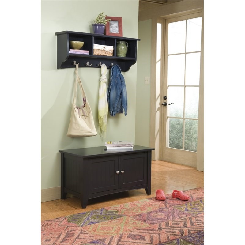 Alaterre Shaker Cottage Storage Wood Charcoal Gray Coat Hook with Cabinet Bench