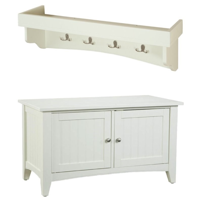 Alaterre Furniture Shaker Cottage Ivory Wood Shelf Coat Hook with Cabinet Bench