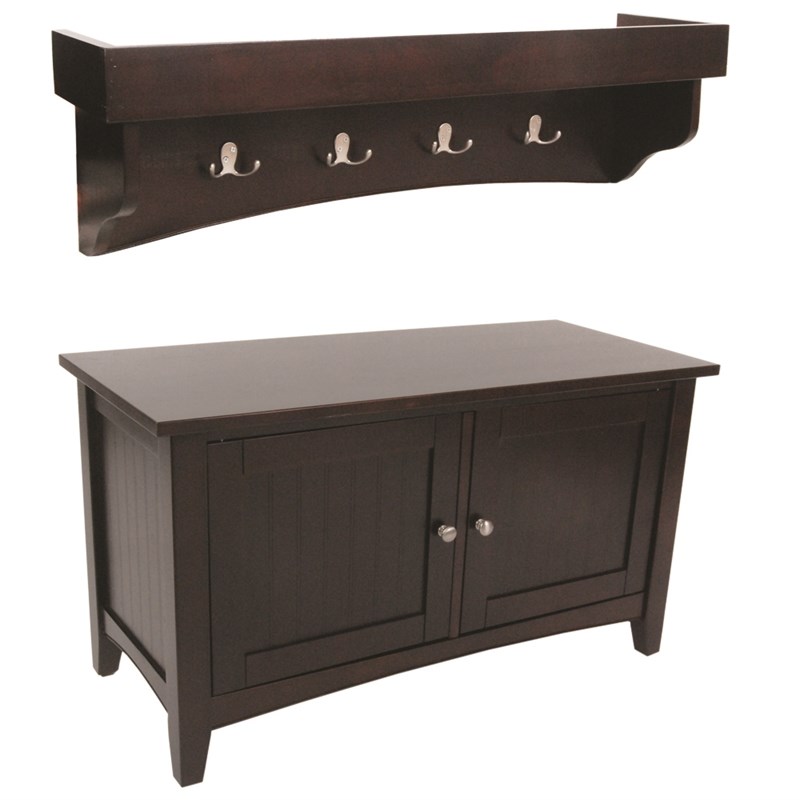 Alaterre Furniture Shaker Cottage Wood Tray Shelf with Cabinet Bench in Espresso