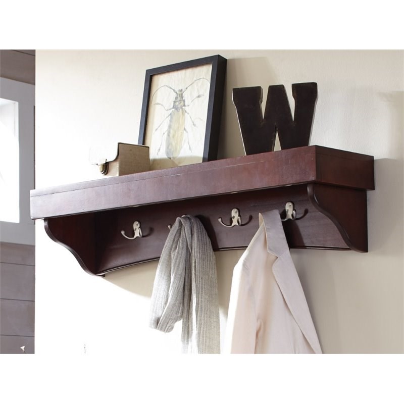 Alaterre Furniture Shaker Cottage Wood Coat Hook with Tray Shelf in Espresso