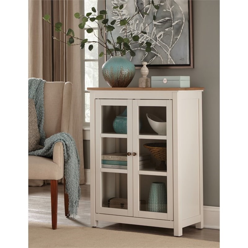 Alaterre Furniture Savannah Pie Safe Cabinet Ivory with Natural Wood Top