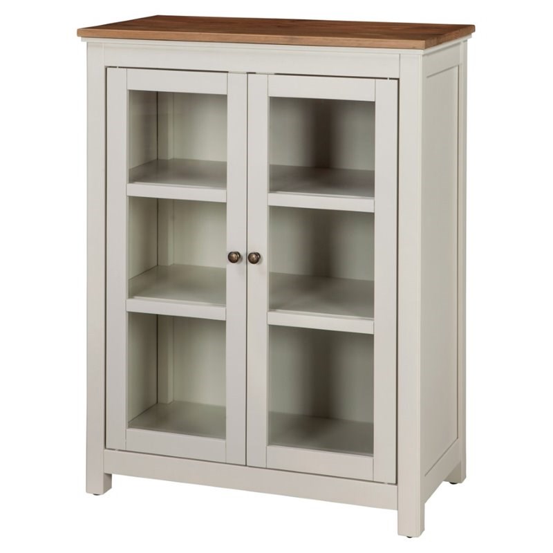 Alaterre Furniture Savannah Pie Safe Cabinet Ivory with Natural Wood Top