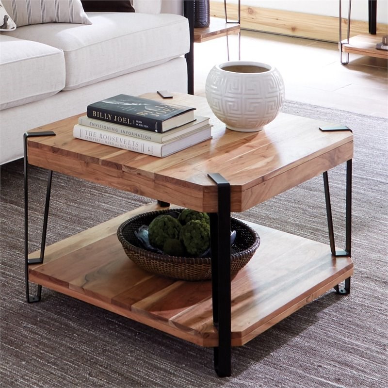 Ryegate Natural Live Edge Solid Wood with Metal Cube Coffee Table in Natural