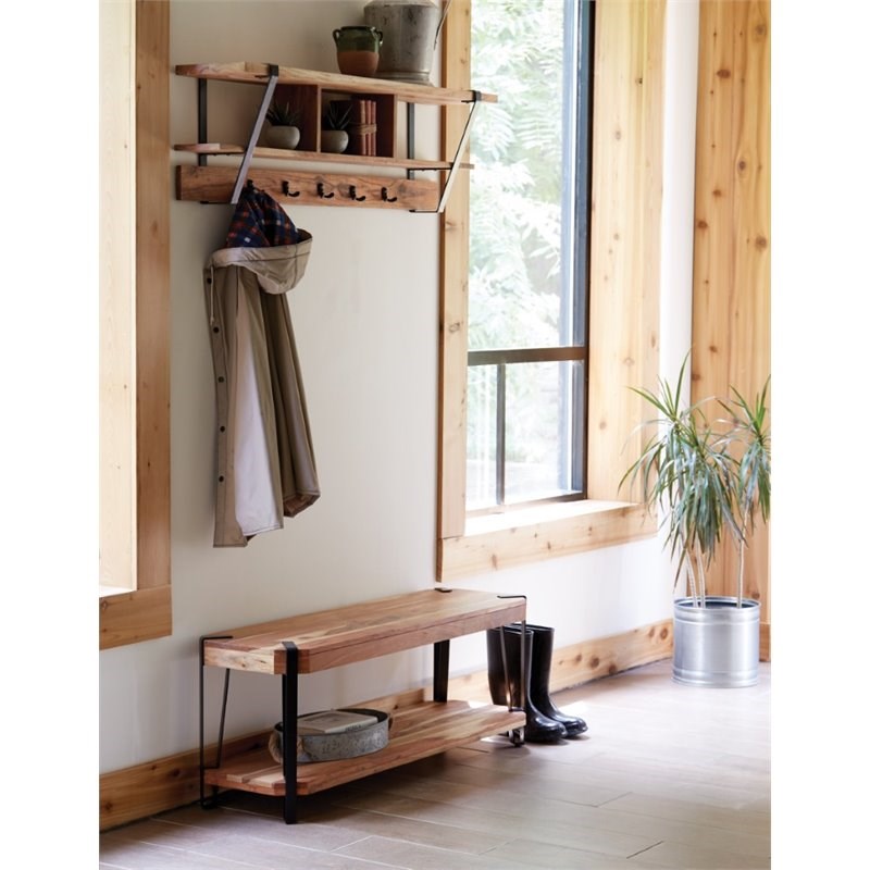 Alaterre Furniture Ryegate Solid Wood with Metal Coat Hooks with Storage-Natural