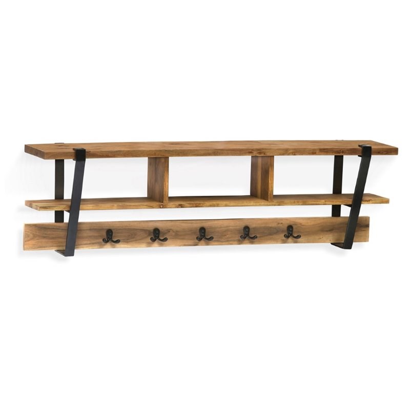 Alaterre Furniture Ryegate Solid Wood with Metal Coat Hooks with Storage-Natural