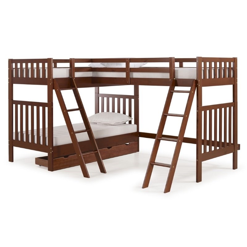 Aurora Twin Over Twin Wood Bunk Bed w/Third Bunk Extension & Drawers in Chestnut