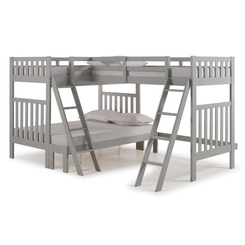 Alaterre Aurora Twin Over Full Wood Bunk Bed with Tri-Bunk Extension - Dove Gray