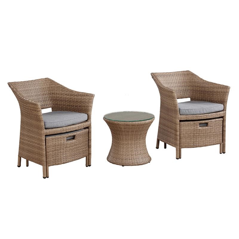 Kokoli All Weather Set with 2 Chairs Ottomans and Accent Table in Brown