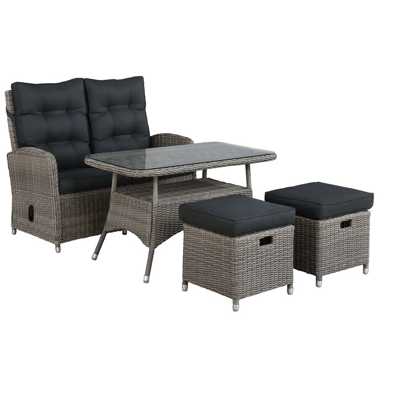 Monaco / Rattan with Bench Table and Two Ottomans in Gray |