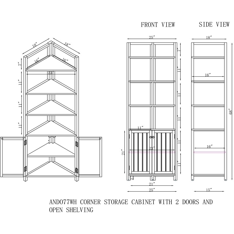 Dover White Wood Corner Storage with 2 Doors and Open Shelving