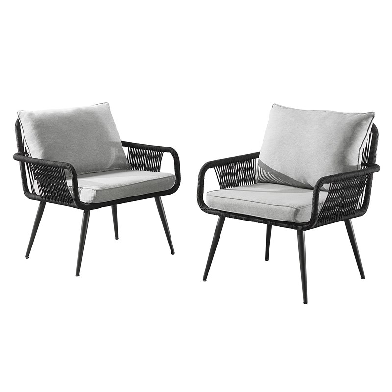 Andover All-Weather Black Wicker Chairs with Light Gray Cushions (Set of Two)
