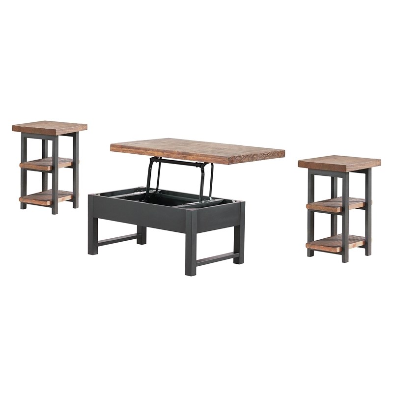 Pomona 3-Piece Brown Wood Table Set w/Lift Top Coffee Table and Two End Tables