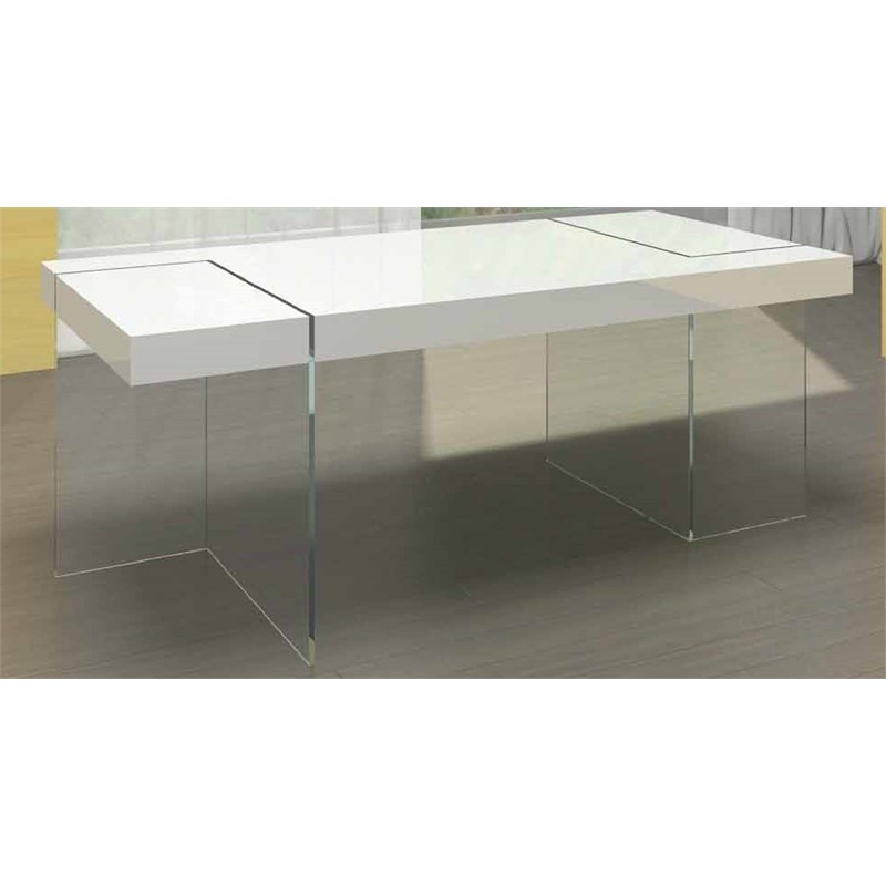 Dining Table with White Wood Lacquer Top and Glass Bases