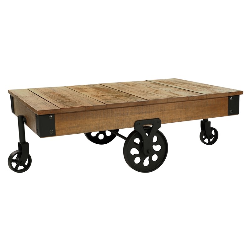 Lexicon Factory Wood Coffee Table with Wheels in Rustic brown