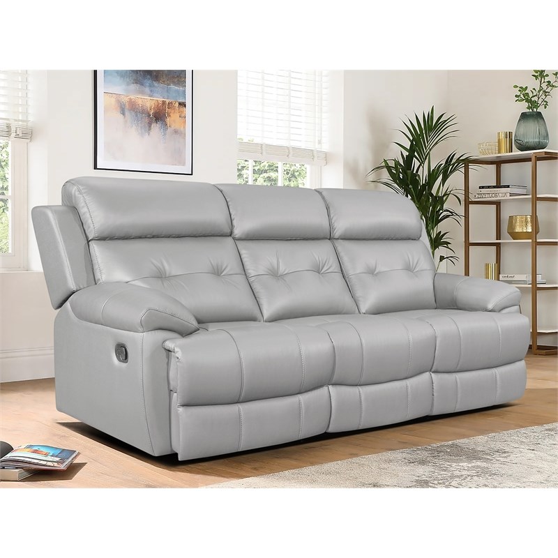 Lexicon Lambent Modern Leather Double Reclining Sofa in Silver Gray