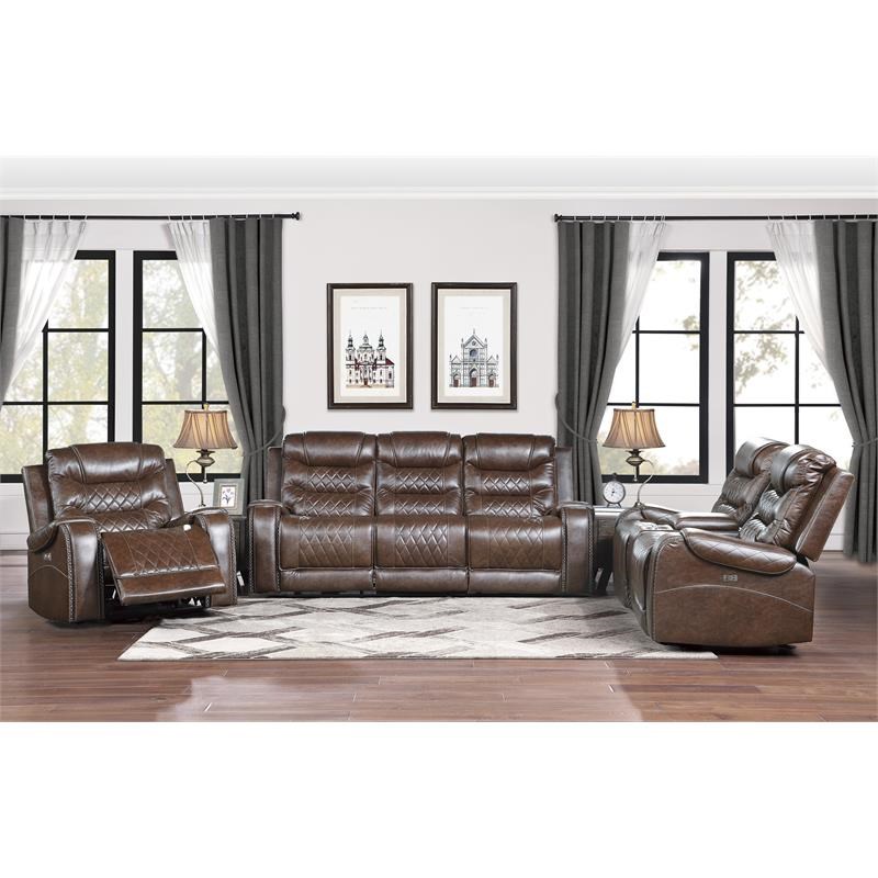 Lexicon Putnam Power Double Reclining Sofa with Drop-Down Cup Holders in Brown