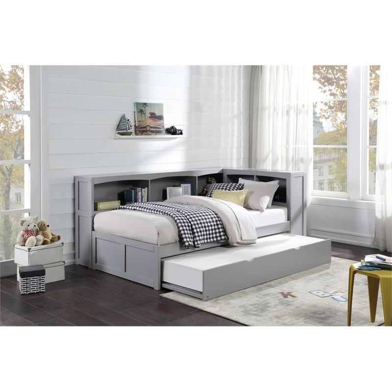 Shelf Wood Twin Bookcase Corner Bed, Corner Twin Bed Set With Trundle