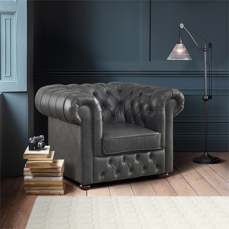 Lexicon Tiverton Faux Leather Tufted Chesterfield Arm Chair in Gray and Brown