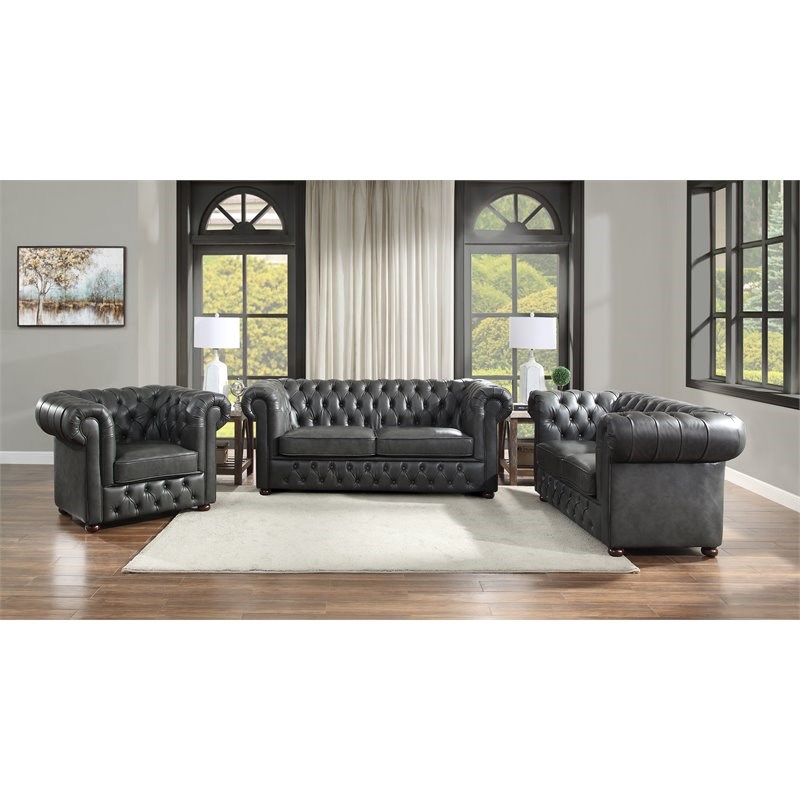 Lexicon Tiverton Faux Leather Tufted Chesterfield Loveseat in Gray and