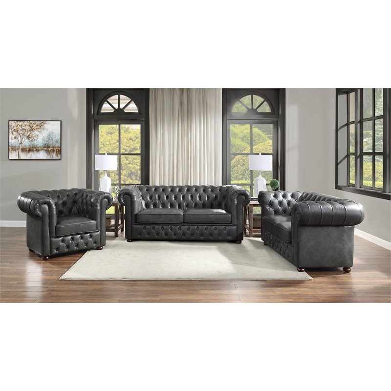 Lexicon Tiverton Faux Leather Tufted Chesterfield Sofa in Gray and Brown