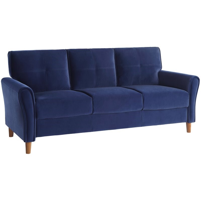 Lexicon Dunleith Modern Contemporary Velvet Tufted Sofa in Blue and Walnut