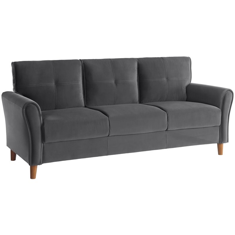 Lexicon Dunleith Modern Contemporary Velvet Tufted Sofa in Gray and Walnut