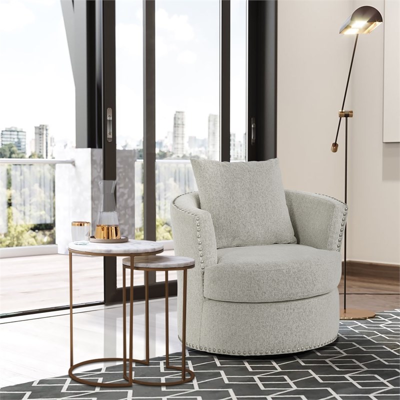 Lexicon Contemporary Wood Swivel Chair in Beige Chenille