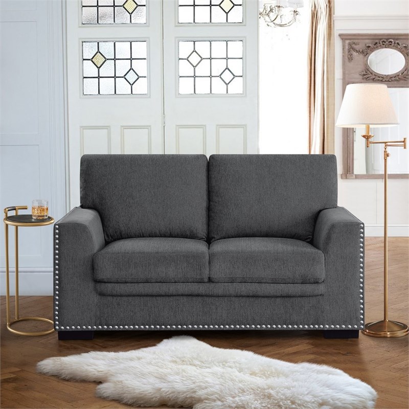 Lexicon Contemporary Wood Loveseat in Charcoal Gray Chenille