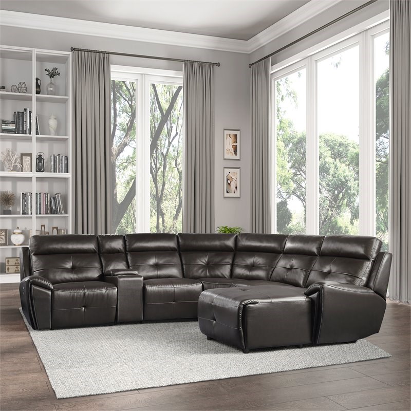 Lexicon 6-PC Faux Leather Modular Recliner Sectional with Right Chaise Brown