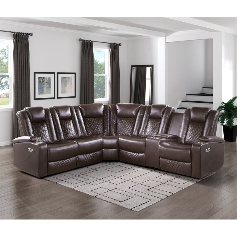 Lexicon Modern Faux Leather Reclining Sectional with Power Headrests in Brown