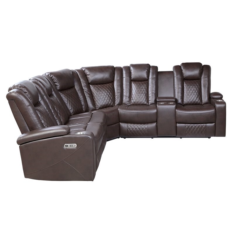Lexicon Modern Faux Leather Reclining Sectional with Power Headrests in Brown