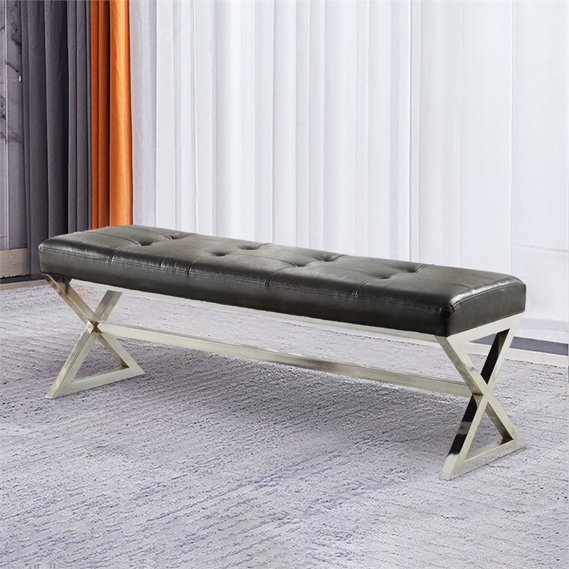 Lexicon Rory Button Tufted & X-Frame Modern Metal & Faux Leather Bench in Black
