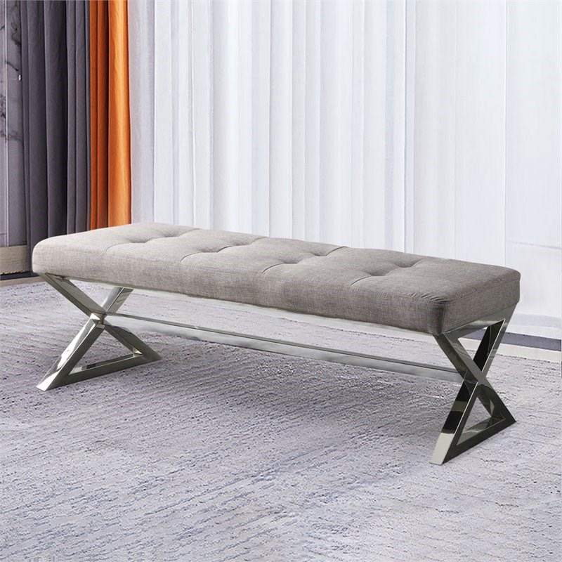 Lexicon Rory Button Tufted & X-Frame Modern Metal & Fabric Bench in Gray